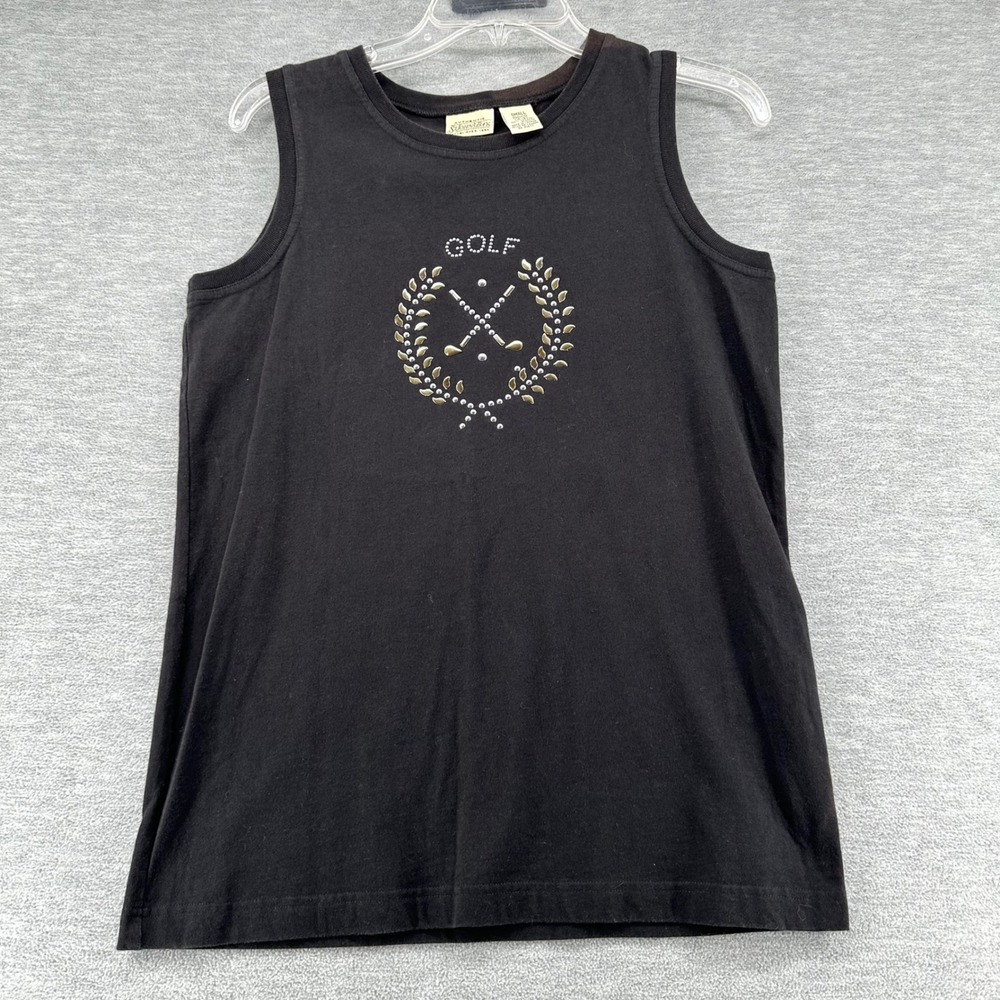 St Johns Bay Golf Tank Top Women Small Black Graphic Studded Sleeveless Cotton